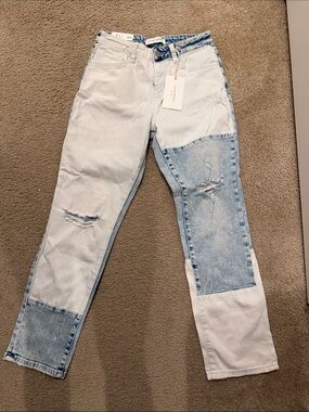 Flying Monkey Two-Tone Patchwork Straight Leg Jeans in Light Blue & White